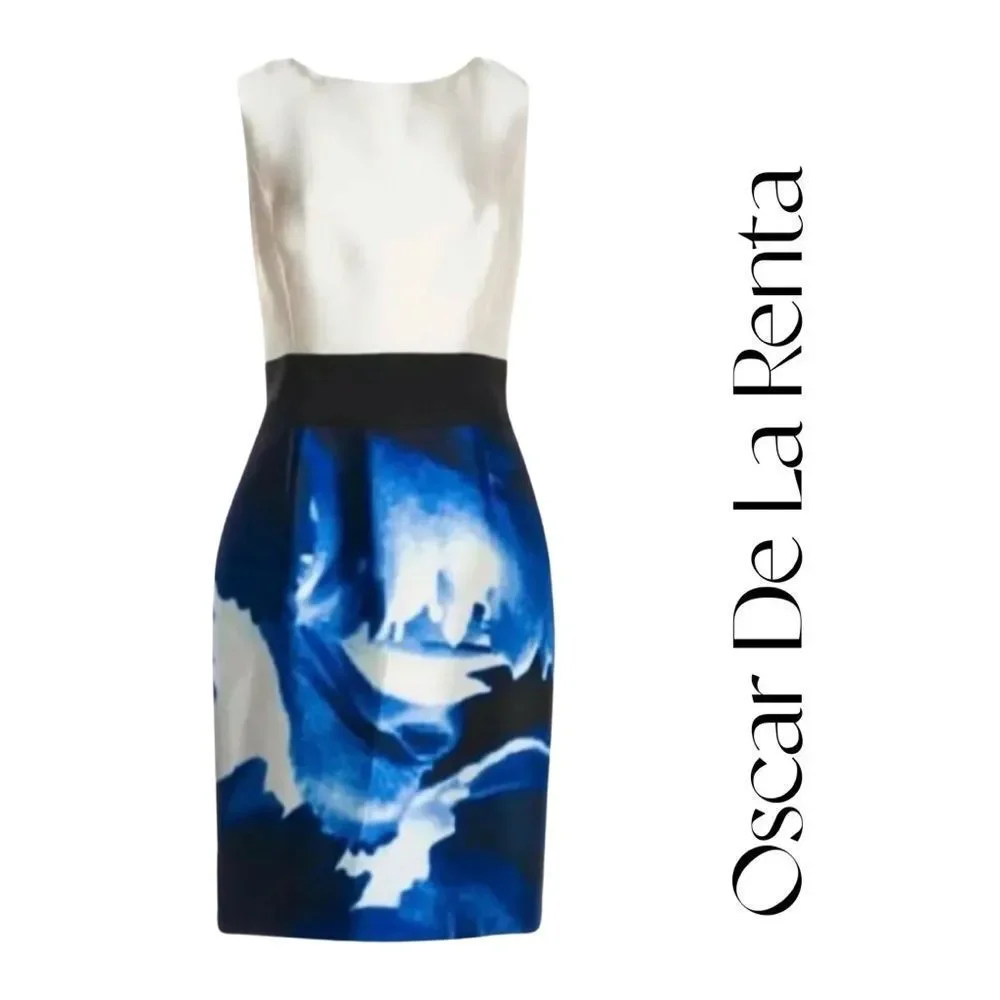 - New Oscar de la Renta 100% Silk Band West Printed Colorblock Dress Sz 10…